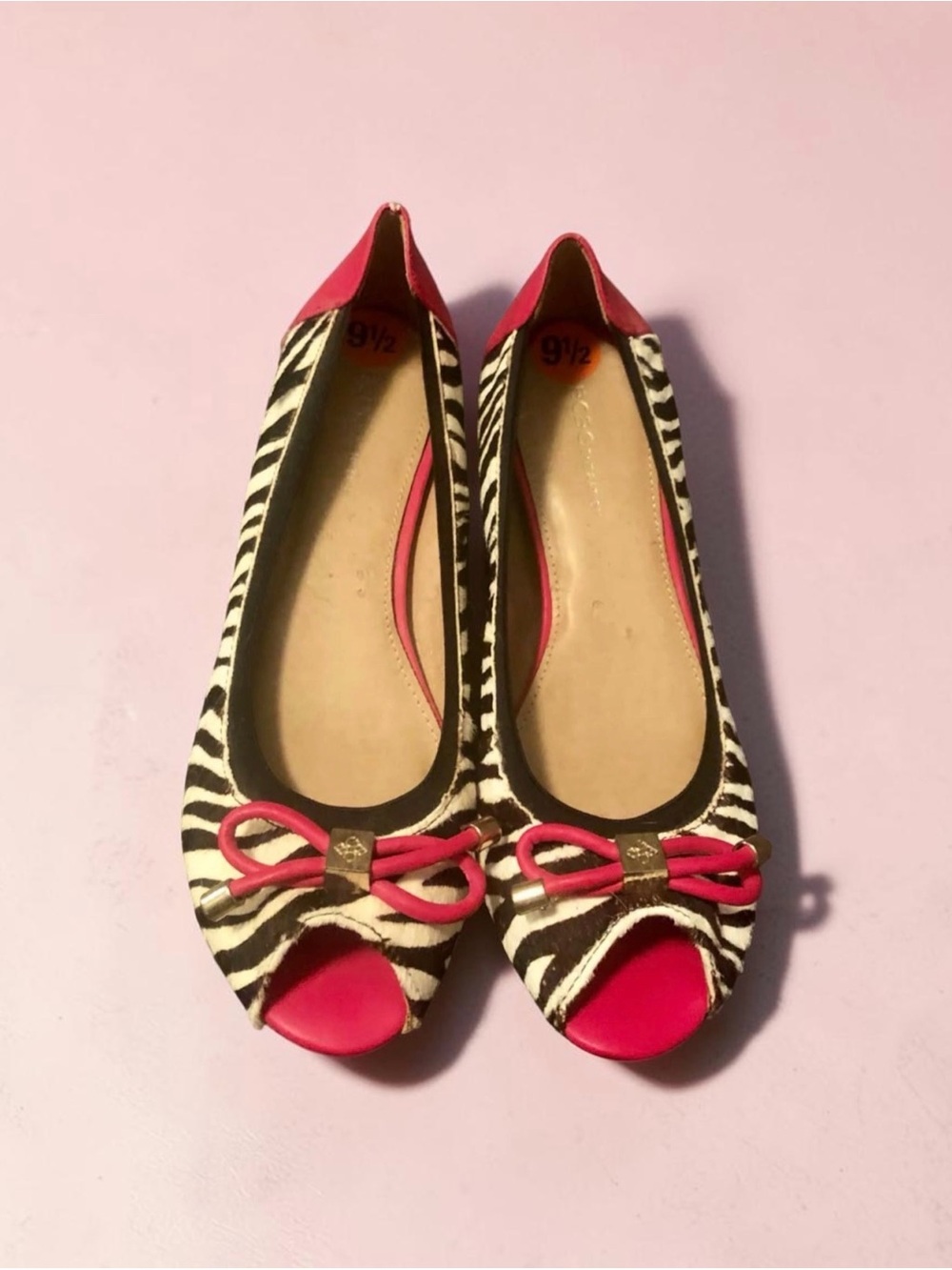 BCBGeneration Zebra Print Peep-Toe Flats with Hot Pink Trim